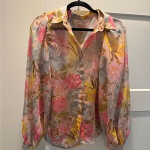 Vibrant Pink and Yellow Notched Collar Blouse